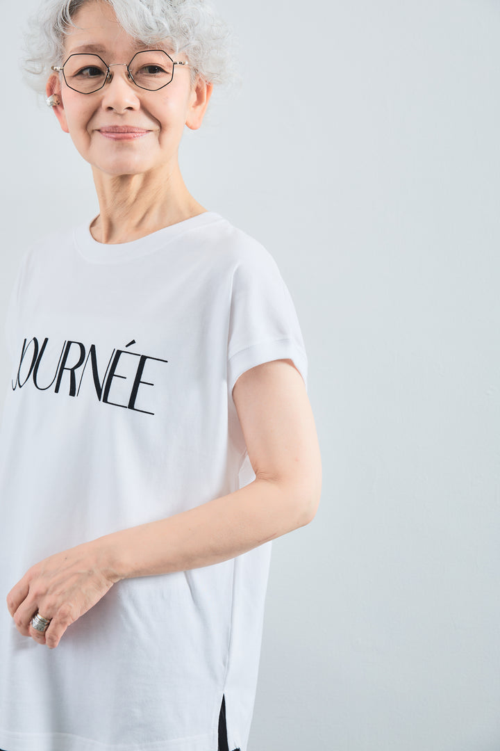 【SET】"JOURNÉE"フロッキーロゴフレンチスリーブT+ボリュームスリーブノーカラーデニムジャケット+アシンメトリープリーツスカート(3set)