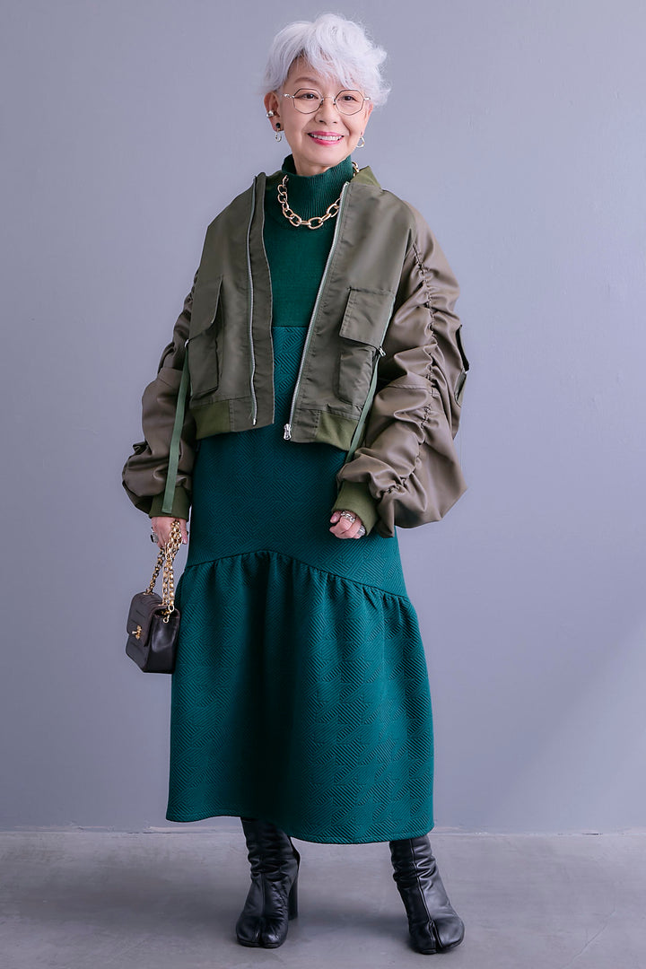 【SET】エコレザーシャーリングスリーブMA-1ブルゾン+ジャガードニットコンビワンピース(2set)