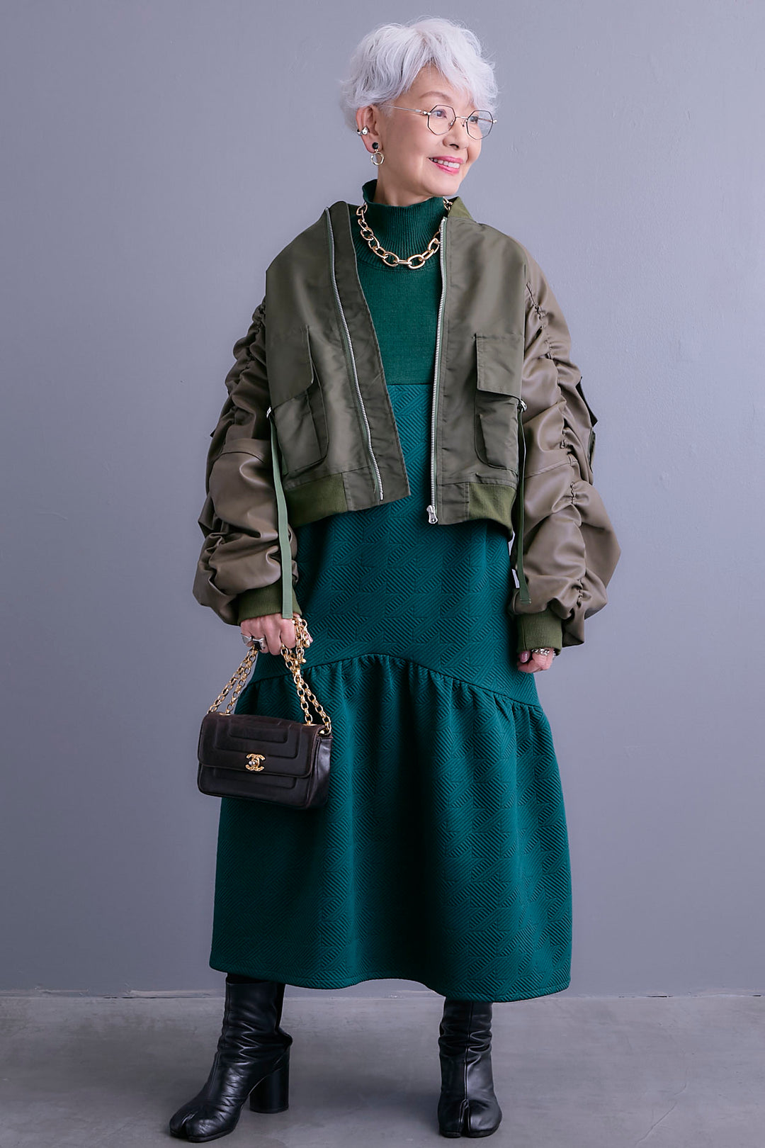 【SET】エコレザーシャーリングスリーブMA-1ブルゾン+ジャガードニットコンビワンピース(2set)