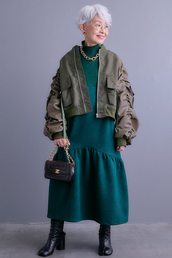 【SET】エコレザーシャーリングスリーブMA-1ブルゾン+ジャガードニットコンビワンピース(2set)