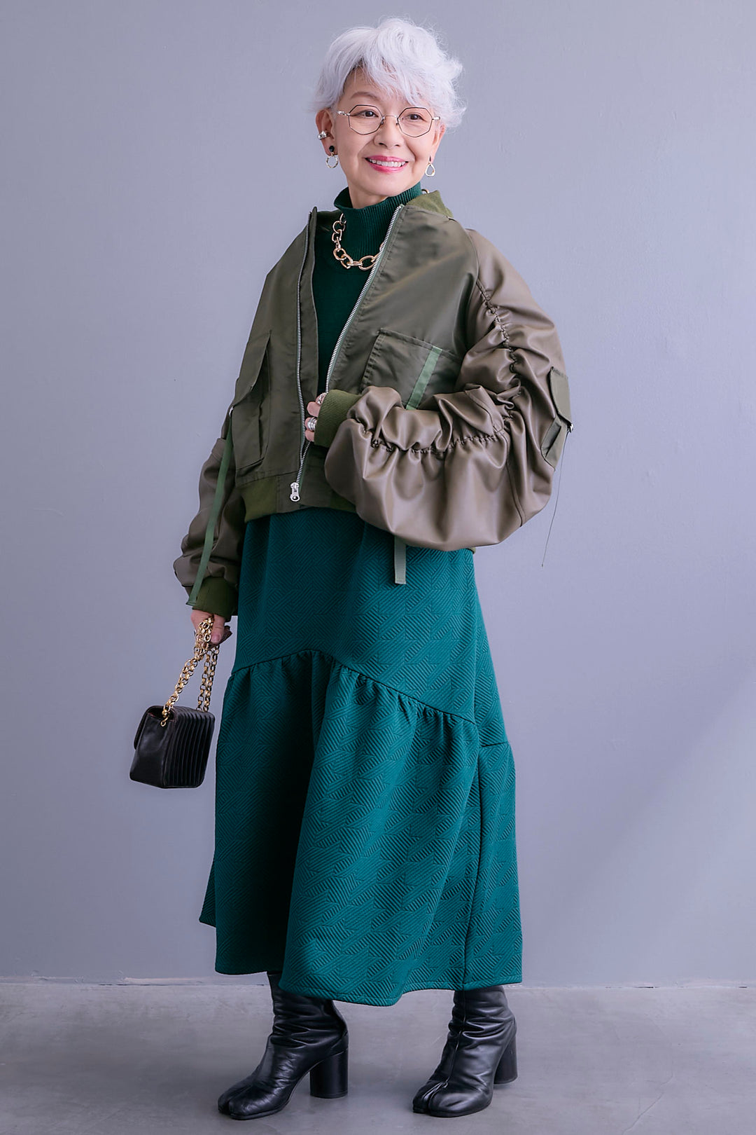 【SET】エコレザーシャーリングスリーブMA-1ブルゾン+ジャガードニットコンビワンピース(2set)