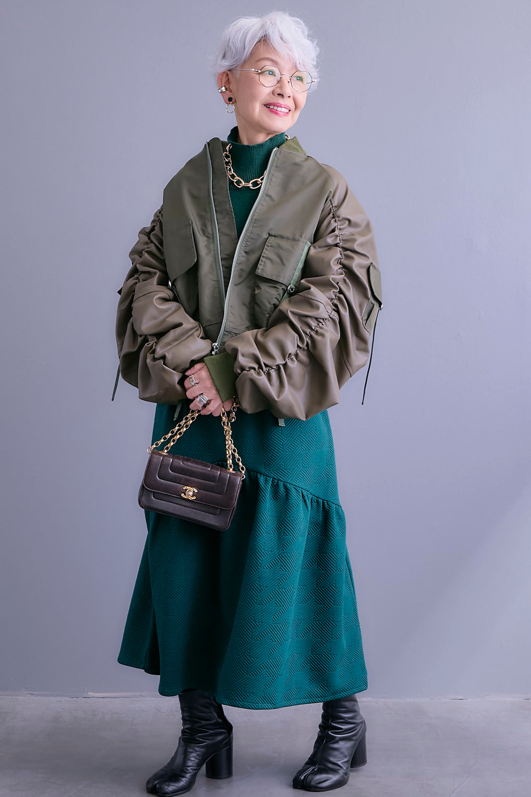 【SET】エコレザーシャーリングスリーブMA-1ブルゾン+ジャガードニットコンビワンピース(2set)