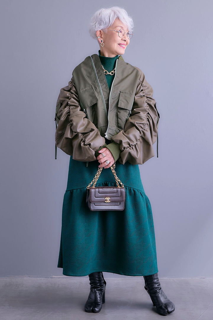 【SET】エコレザーシャーリングスリーブMA-1ブルゾン+ジャガードニットコンビワンピース(2set)