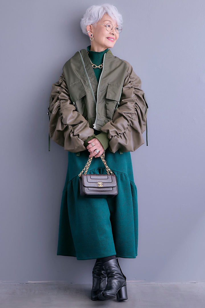 【SET】エコレザーシャーリングスリーブMA-1ブルゾン+ジャガードニットコンビワンピース(2set)