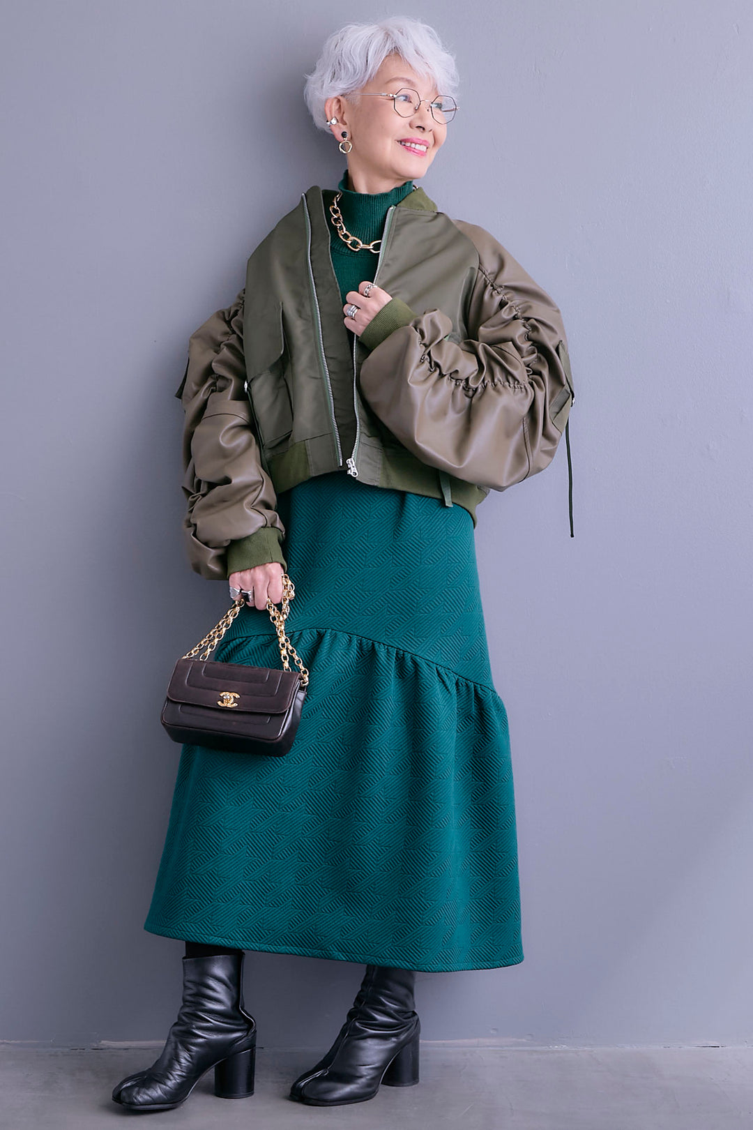 【SET】エコレザーシャーリングスリーブMA-1ブルゾン+ジャガードニットコンビワンピース(2set)