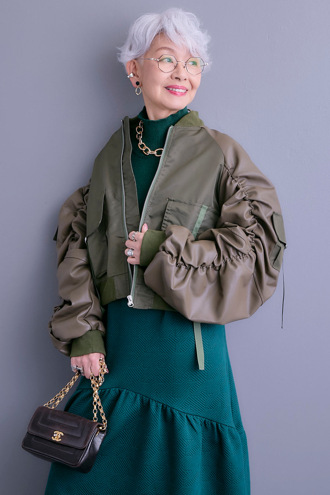 【SET】エコレザーシャーリングスリーブMA-1ブルゾン+ジャガードニットコンビワンピース(2set)