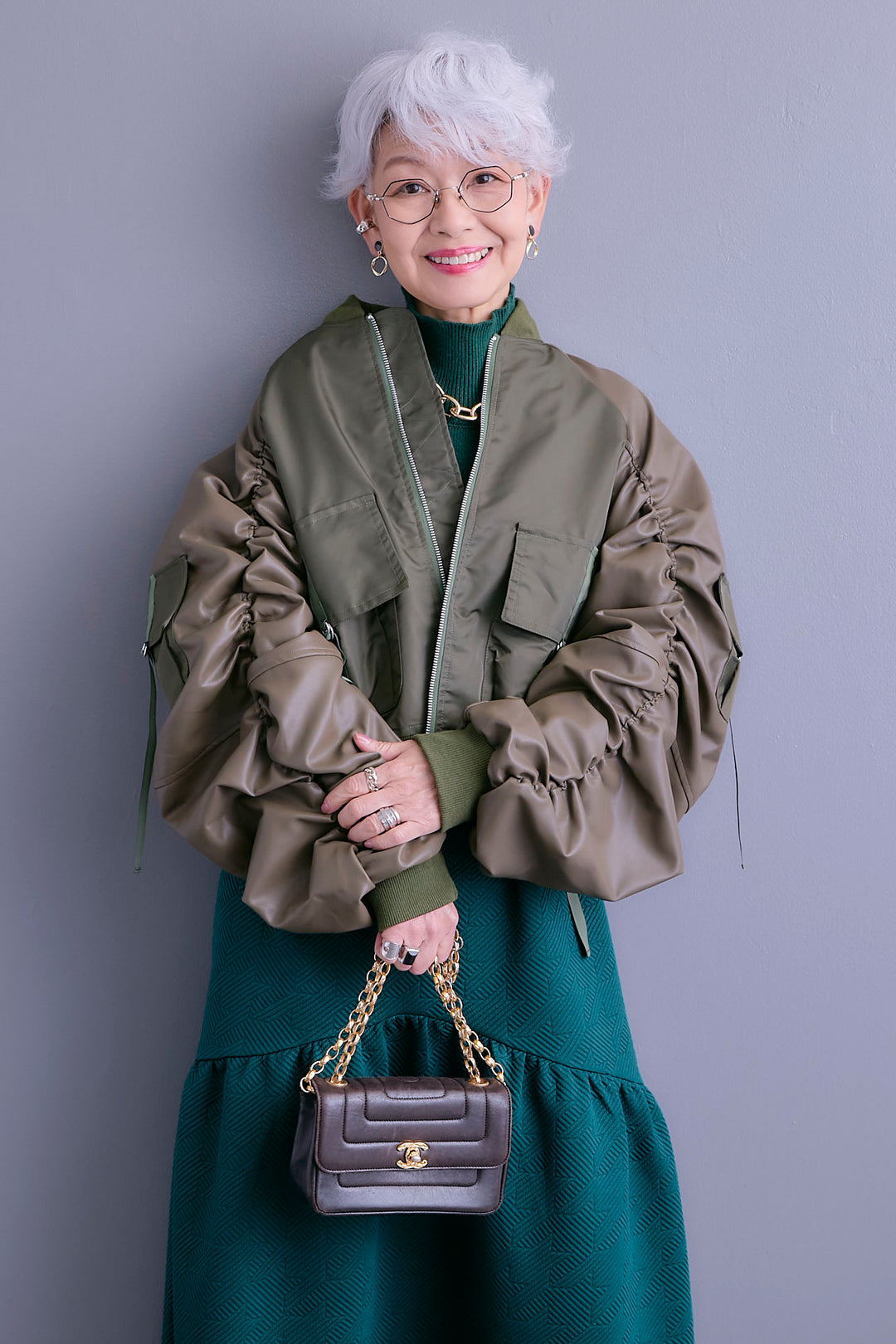 【SET】エコレザーシャーリングスリーブMA-1ブルゾン+ジャガードニットコンビワンピース(2set)