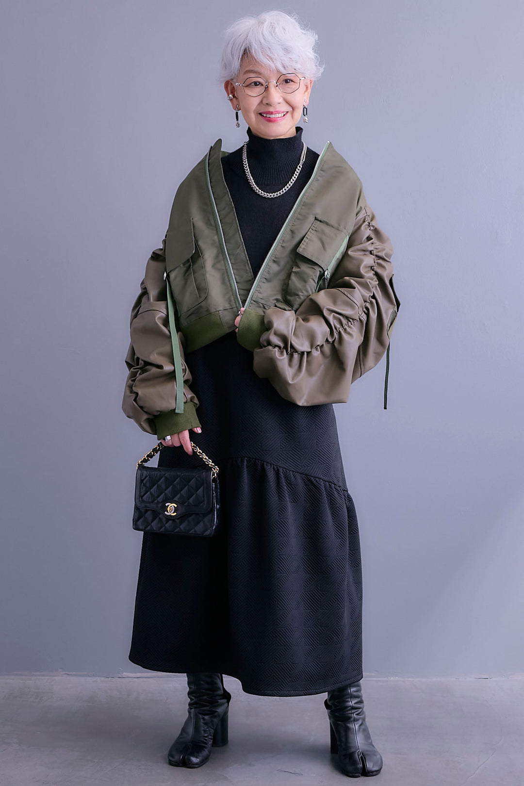 【SET】エコレザーシャーリングスリーブMA-1ブルゾン+ジャガードニットコンビワンピース(2set)