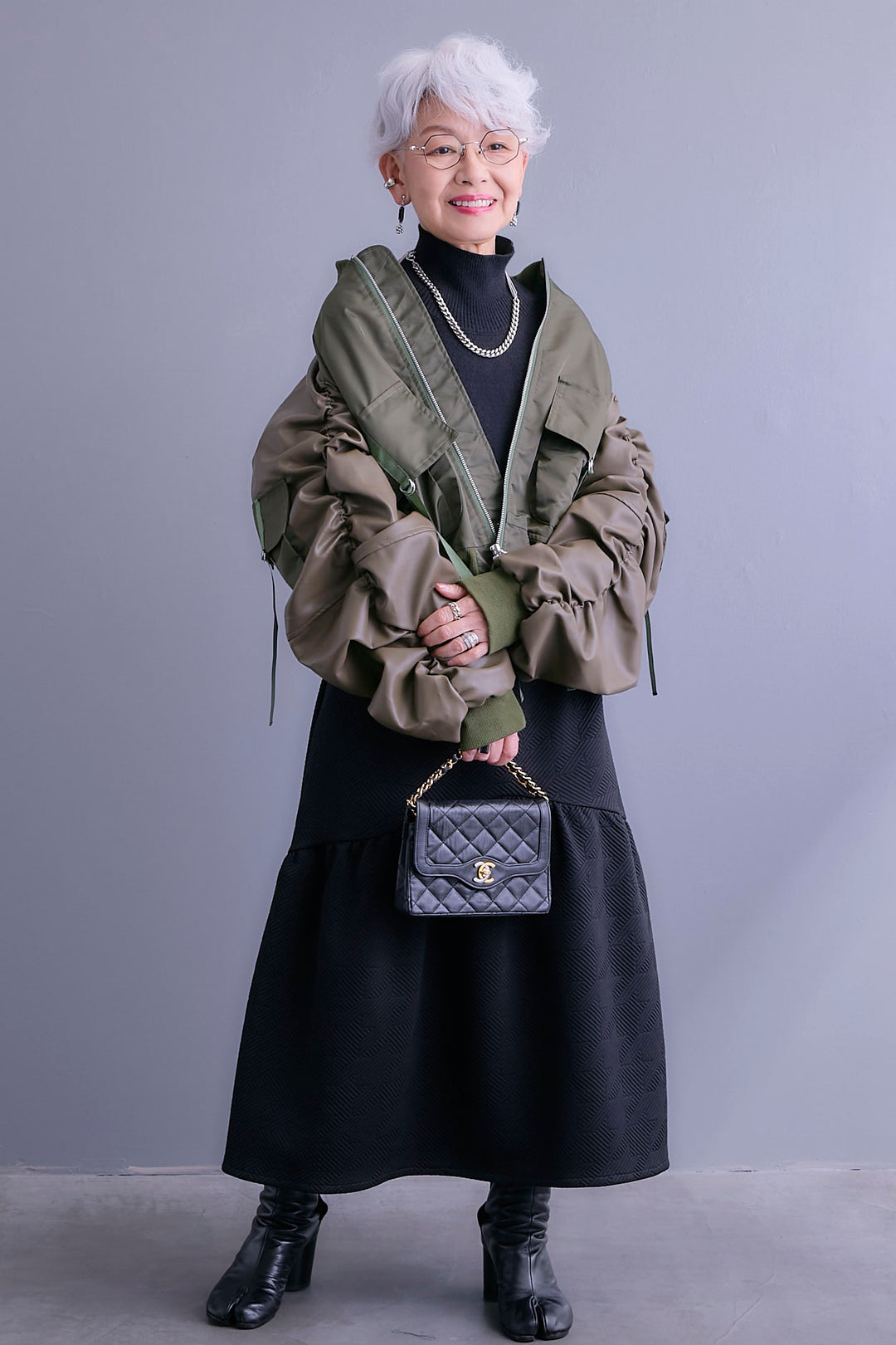 【SET】エコレザーシャーリングスリーブMA-1ブルゾン+ジャガードニットコンビワンピース(2set)