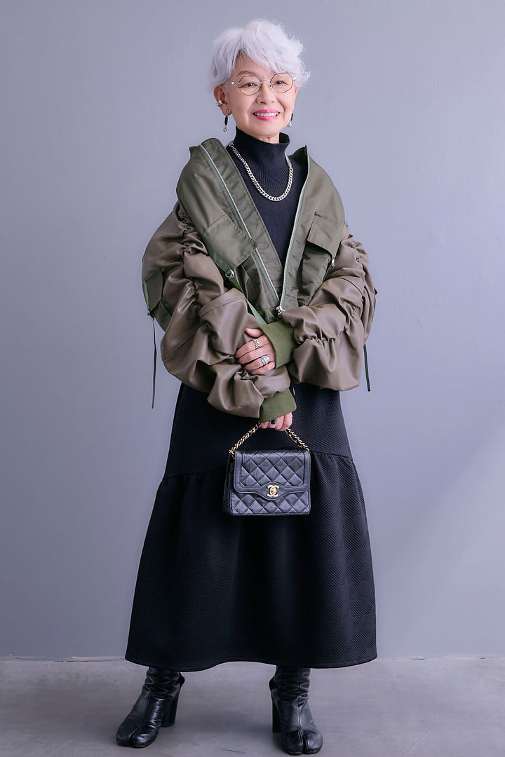 【SET】エコレザーシャーリングスリーブMA-1ブルゾン+ジャガードニットコンビワンピース(2set)