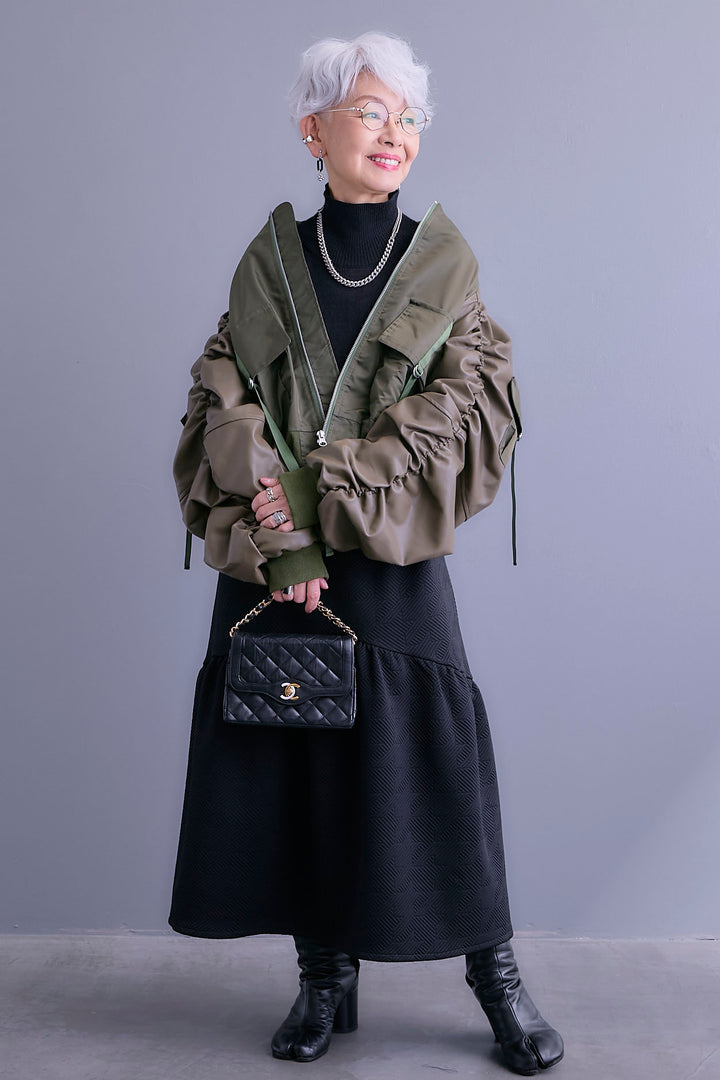 【SET】エコレザーシャーリングスリーブMA-1ブルゾン+ジャガードニットコンビワンピース(2set)