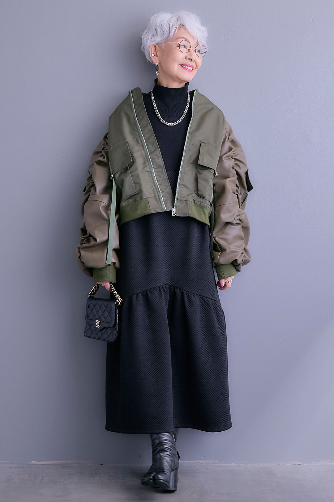 【SET】エコレザーシャーリングスリーブMA-1ブルゾン+ジャガードニットコンビワンピース(2set)