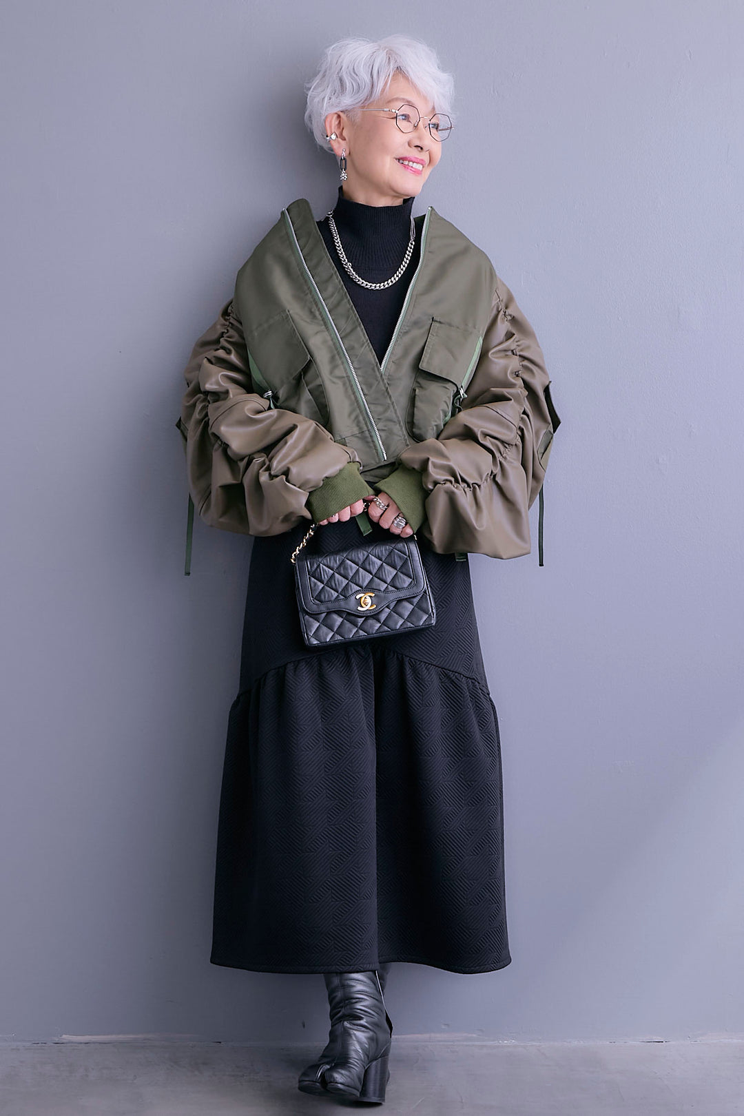 【SET】エコレザーシャーリングスリーブMA-1ブルゾン+ジャガードニットコンビワンピース(2set)