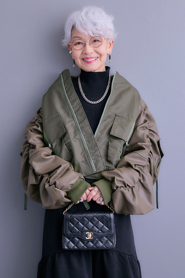 【SET】エコレザーシャーリングスリーブMA-1ブルゾン+ジャガードニットコンビワンピース(2set)