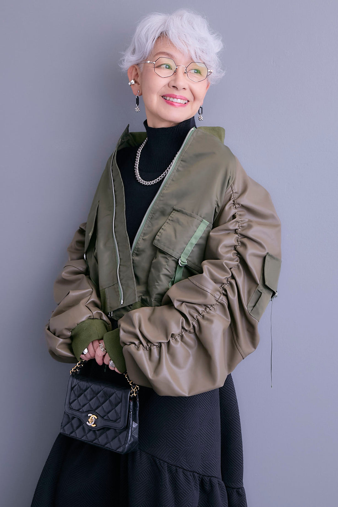 【SET】エコレザーシャーリングスリーブMA-1ブルゾン+ジャガードニットコンビワンピース(2set)