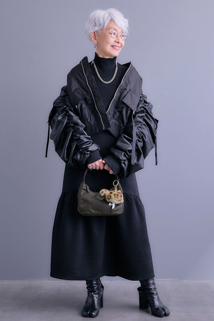 【SET】エコレザーシャーリングスリーブMA-1ブルゾン+ジャガードニットコンビワンピース(2set)