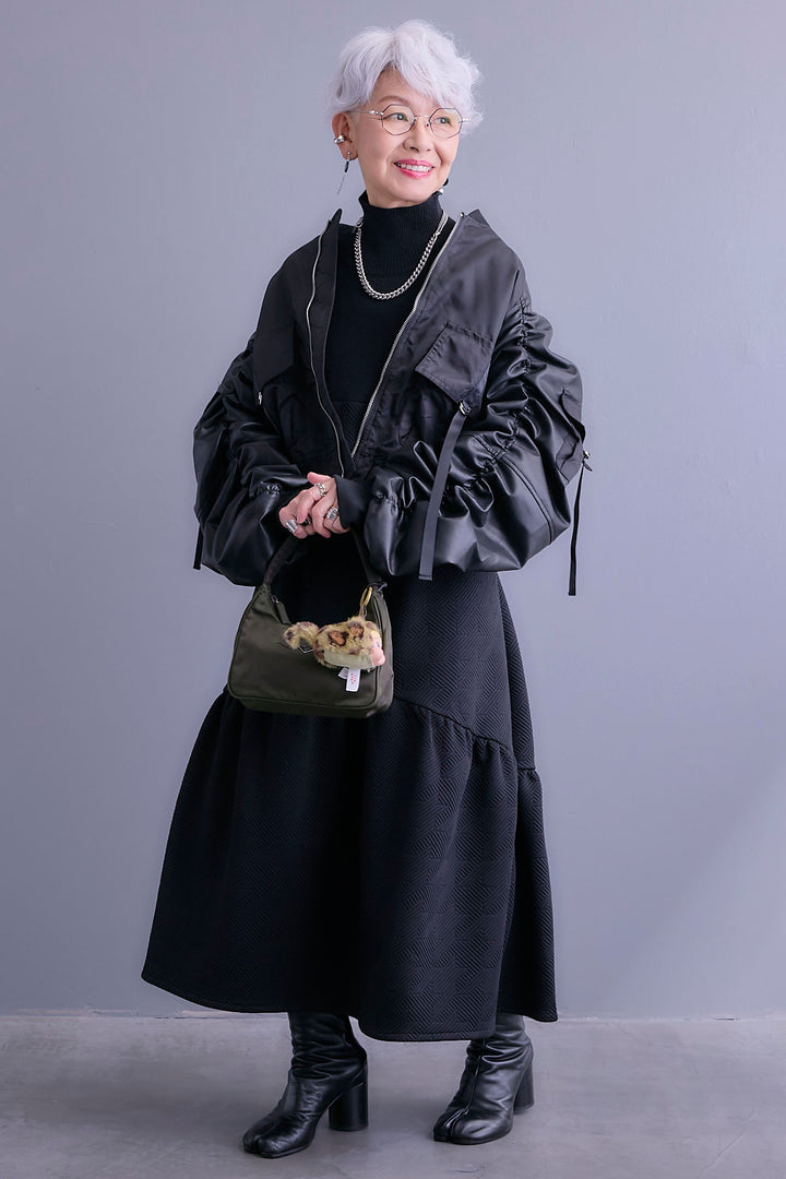 【SET】エコレザーシャーリングスリーブMA-1ブルゾン+ジャガードニットコンビワンピース(2set)