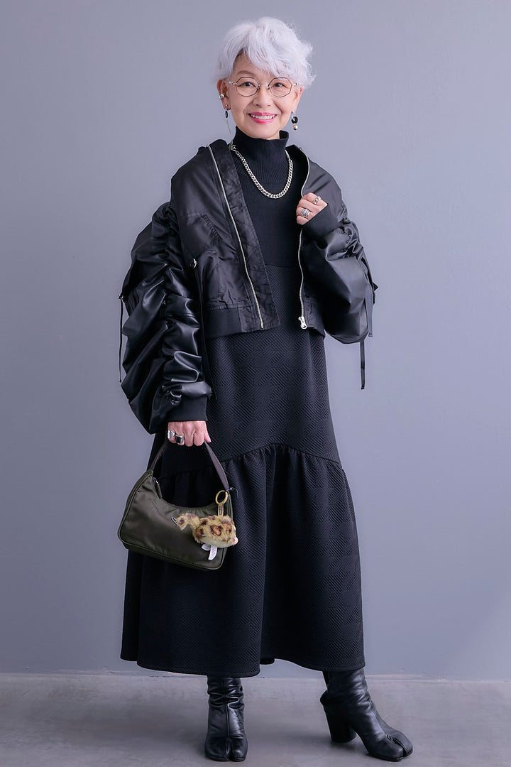 【SET】エコレザーシャーリングスリーブMA-1ブルゾン+ジャガードニットコンビワンピース(2set)