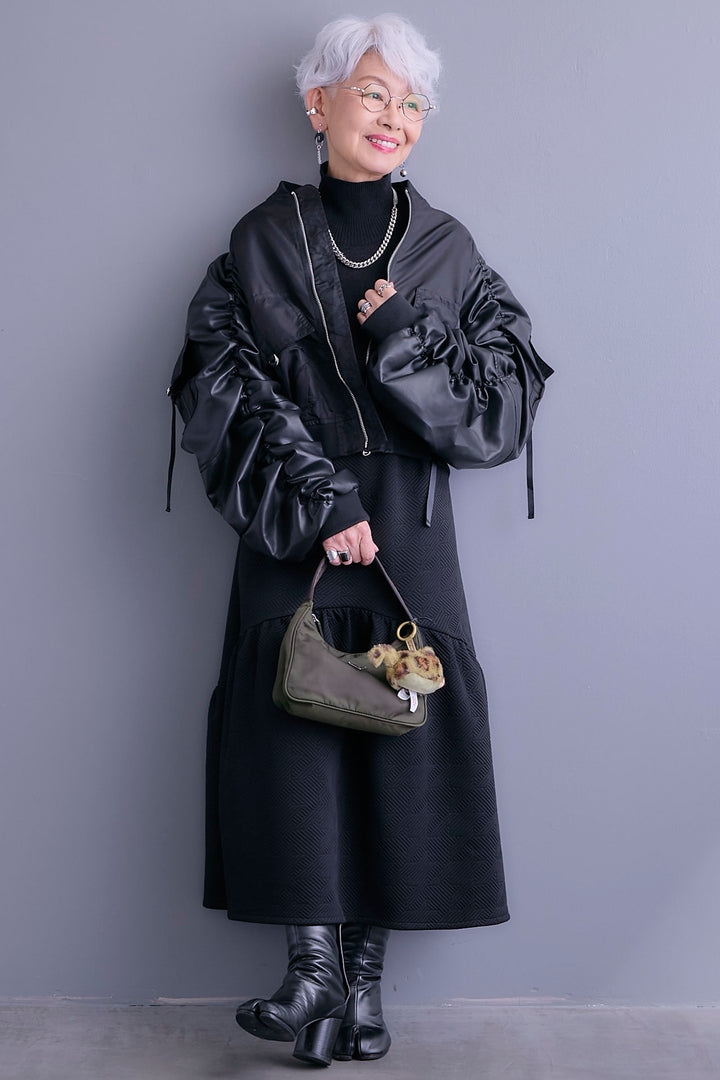 【SET】エコレザーシャーリングスリーブMA-1ブルゾン+ジャガードニットコンビワンピース(2set)