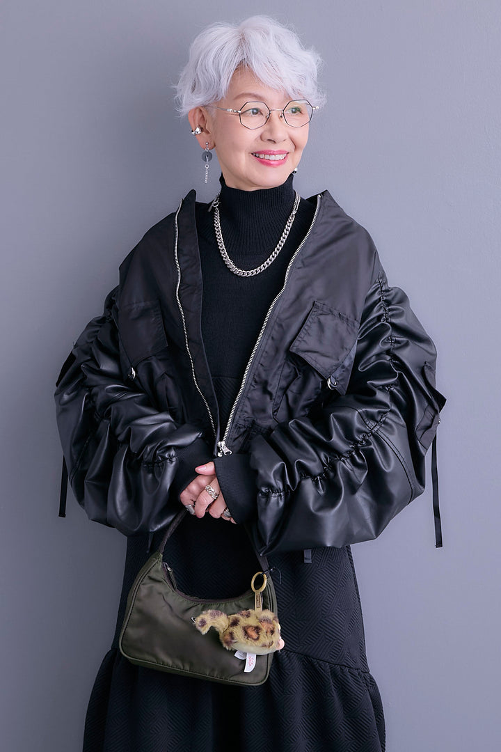 【SET】エコレザーシャーリングスリーブMA-1ブルゾン+ジャガードニットコンビワンピース(2set)