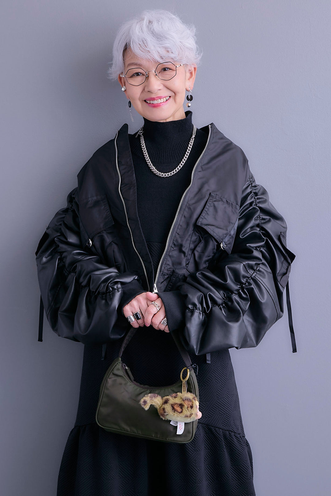 【SET】エコレザーシャーリングスリーブMA-1ブルゾン+ジャガードニットコンビワンピース(2set)