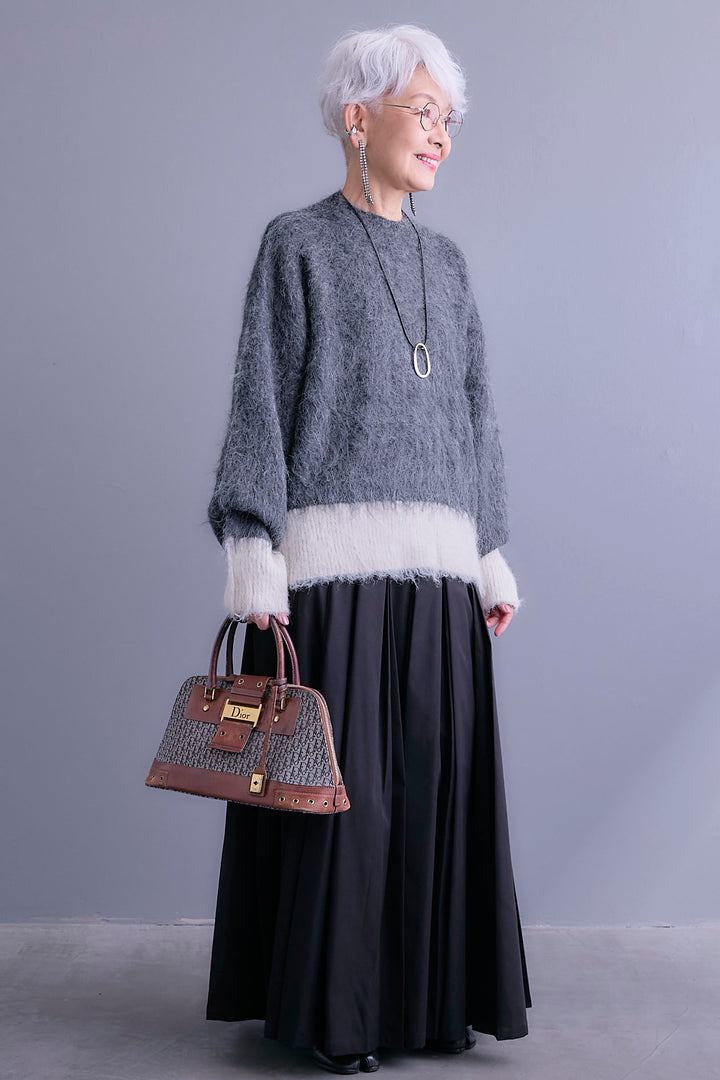 【SET】バイカラーモヘアシャギーニット+シャークスキンWタックプリーツスカート(2set)