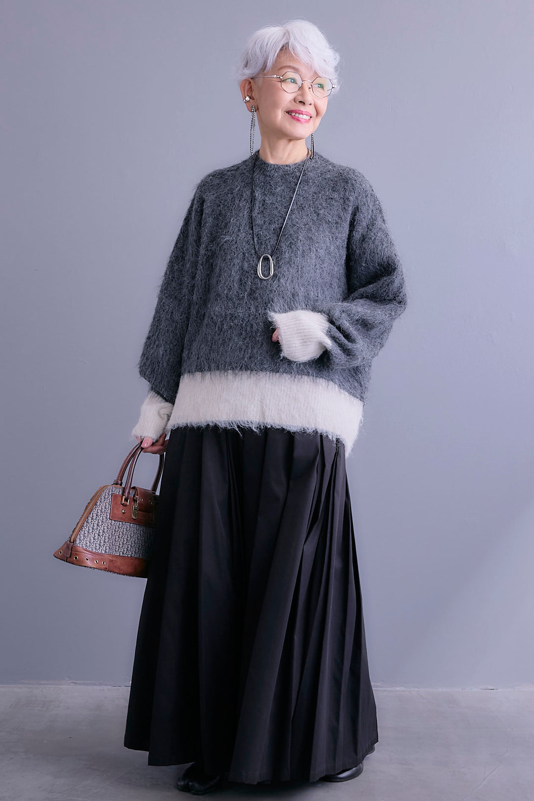 【SET】バイカラーモヘアシャギーニット+シャークスキンWタックプリーツスカート(2set)