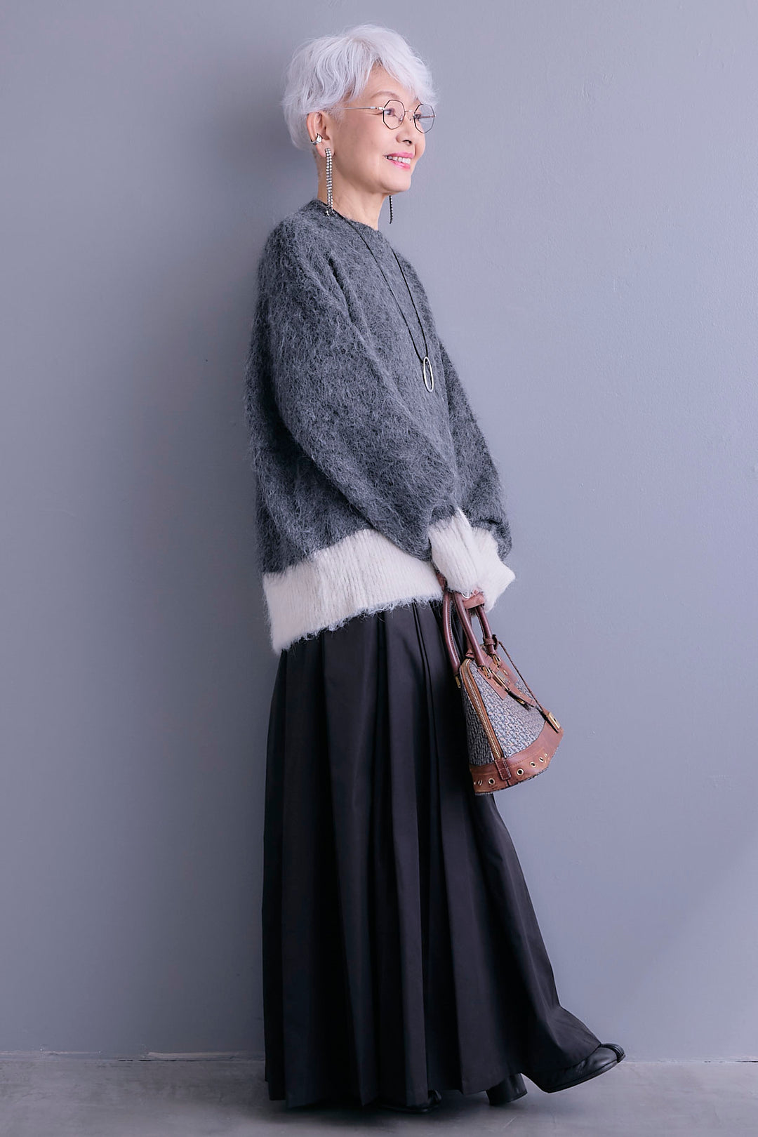 【SET】バイカラーモヘアシャギーニット+シャークスキンWタックプリーツスカート(2set)