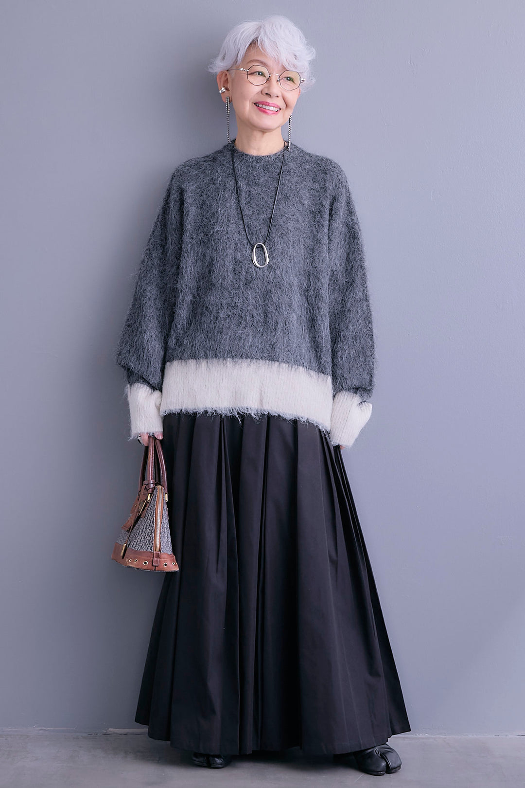 【SET】バイカラーモヘアシャギーニット+シャークスキンWタックプリーツスカート(2set)