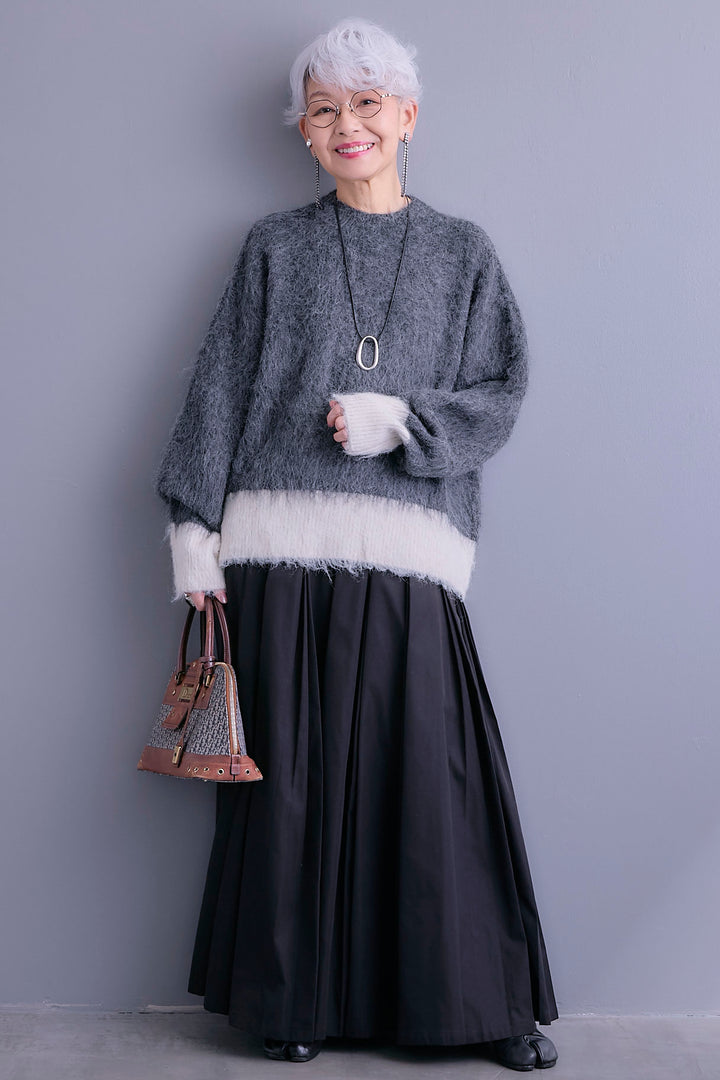 【SET】バイカラーモヘアシャギーニット+シャークスキンWタックプリーツスカート(2set)