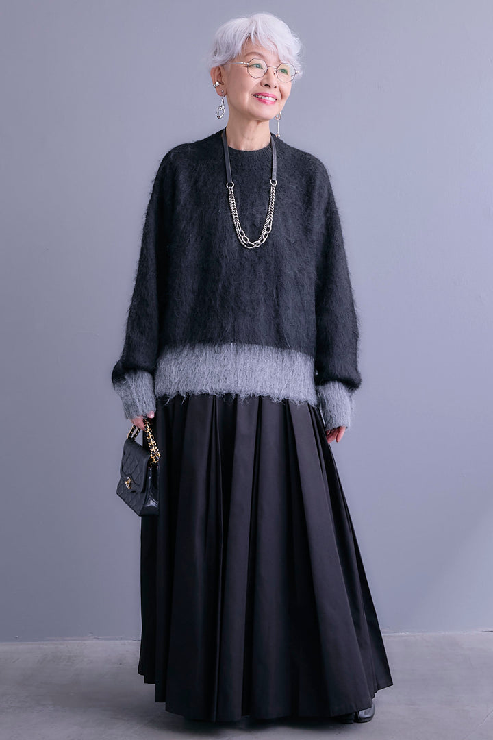 【SET】バイカラーモヘアシャギーニット+シャークスキンWタックプリーツスカート(2set)