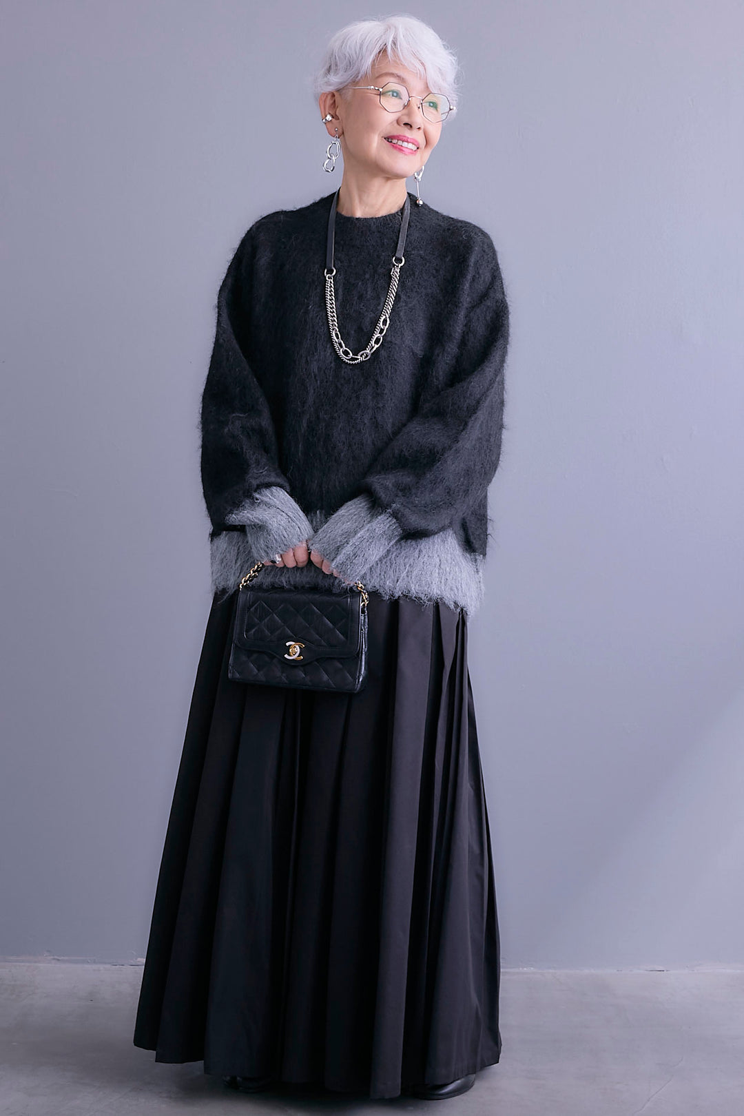 【SET】バイカラーモヘアシャギーニット+シャークスキンWタックプリーツスカート(2set)