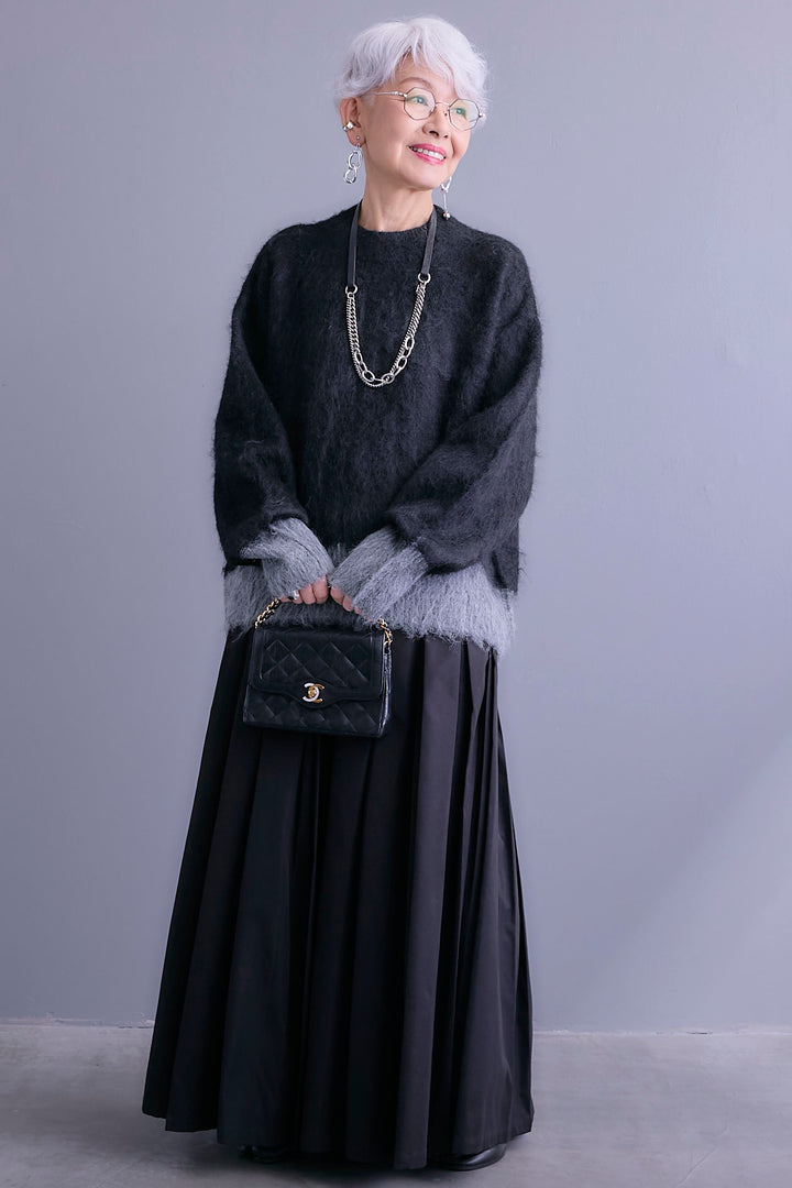 【SET】バイカラーモヘアシャギーニット+シャークスキンWタックプリーツスカート(2set)