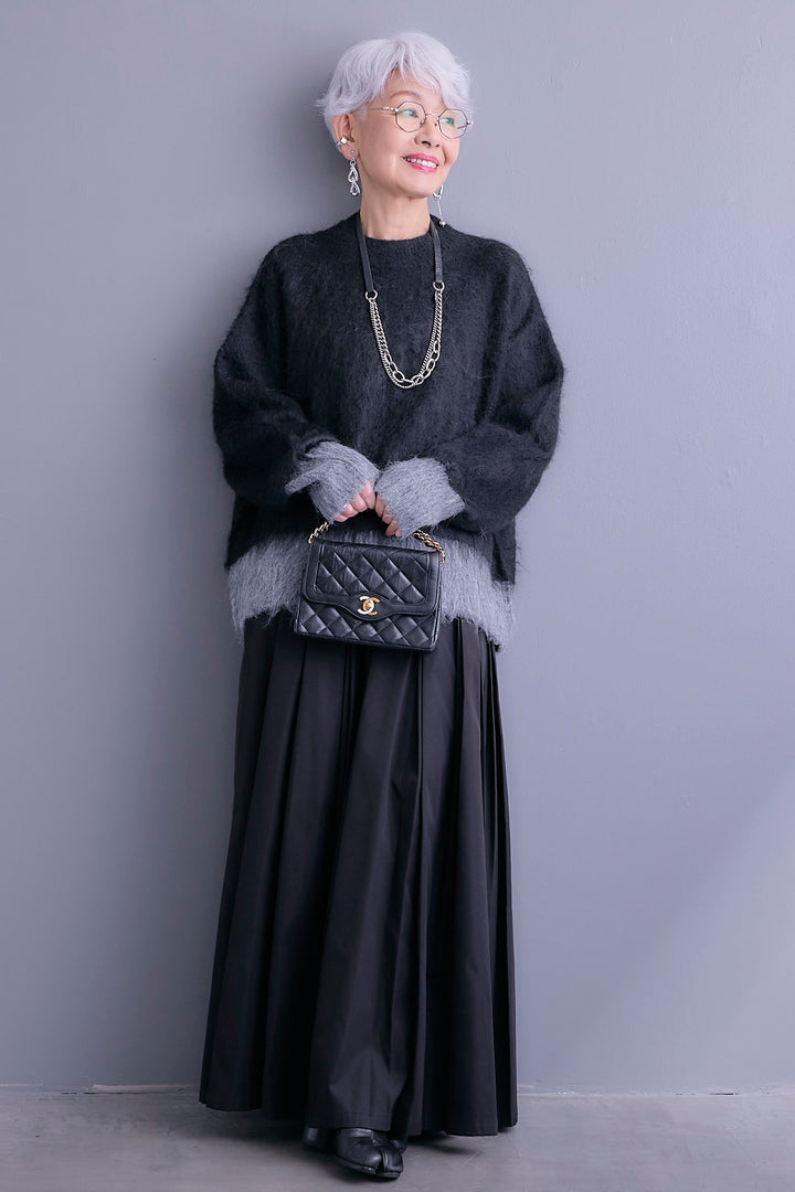 【SET】バイカラーモヘアシャギーニット+シャークスキンWタックプリーツスカート(2set)