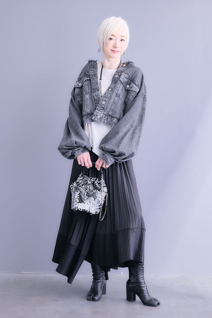 【SET】アシンメトリーロンT+ボリュームスリーブノーカラーデニムジャケット+アシンメトリープリーツスカート(3set)