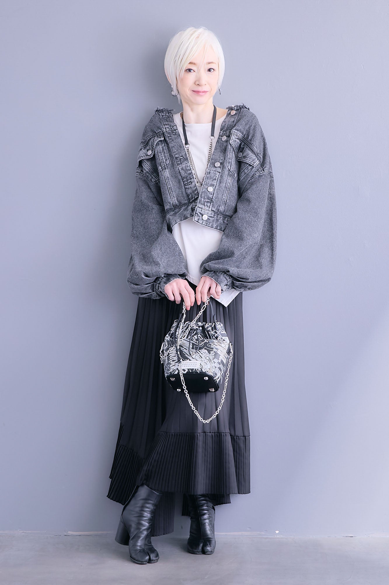 SET】アシンメトリーロンT+ボリュームスリーブノーカラーデニム