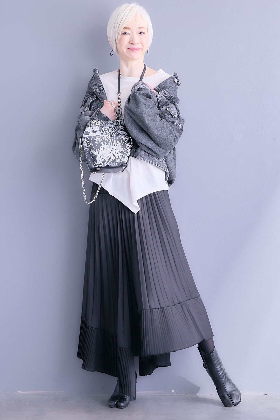 【SET】アシンメトリーロンT+ボリュームスリーブノーカラーデニムジャケット+アシンメトリープリーツスカート(3set)