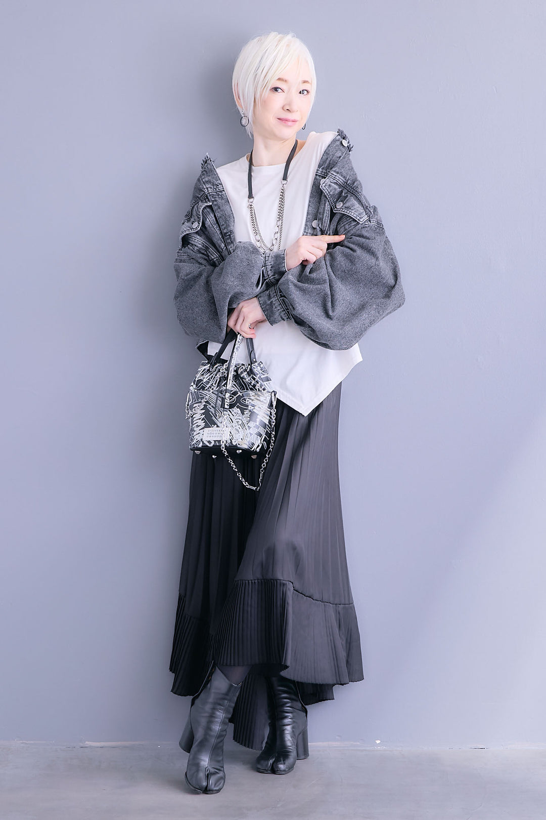 【SET】アシンメトリーロンT+ボリュームスリーブノーカラーデニムジャケット+アシンメトリープリーツスカート(3set)