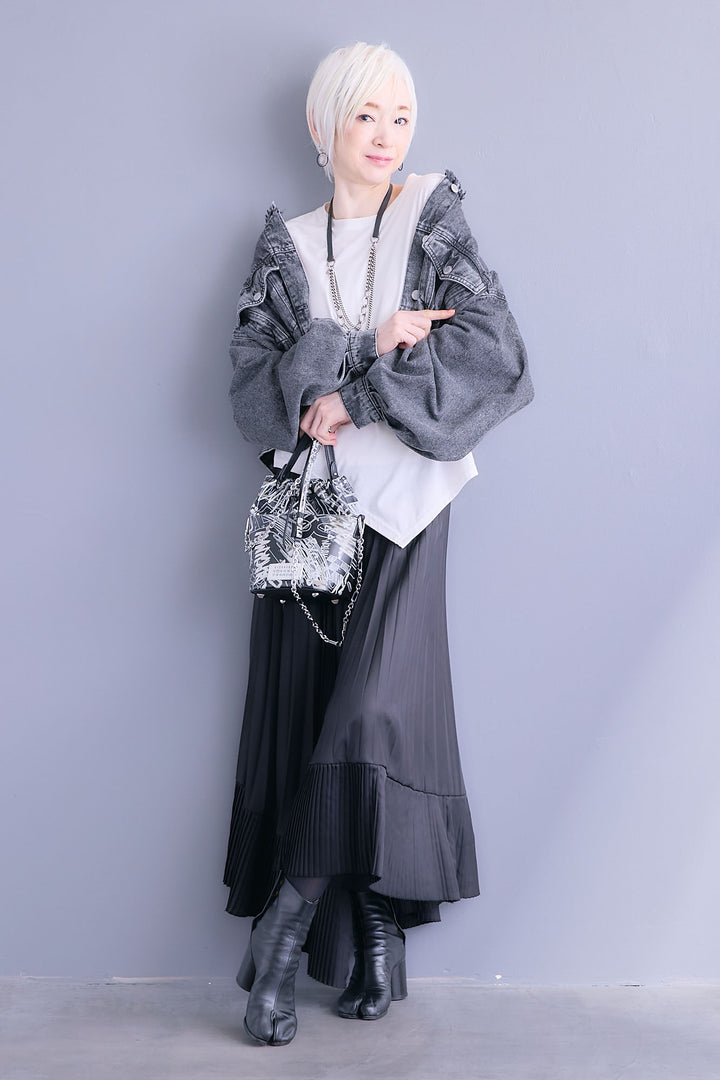 【SET】アシンメトリーロンT+ボリュームスリーブノーカラーデニムジャケット+アシンメトリープリーツスカート(3set)