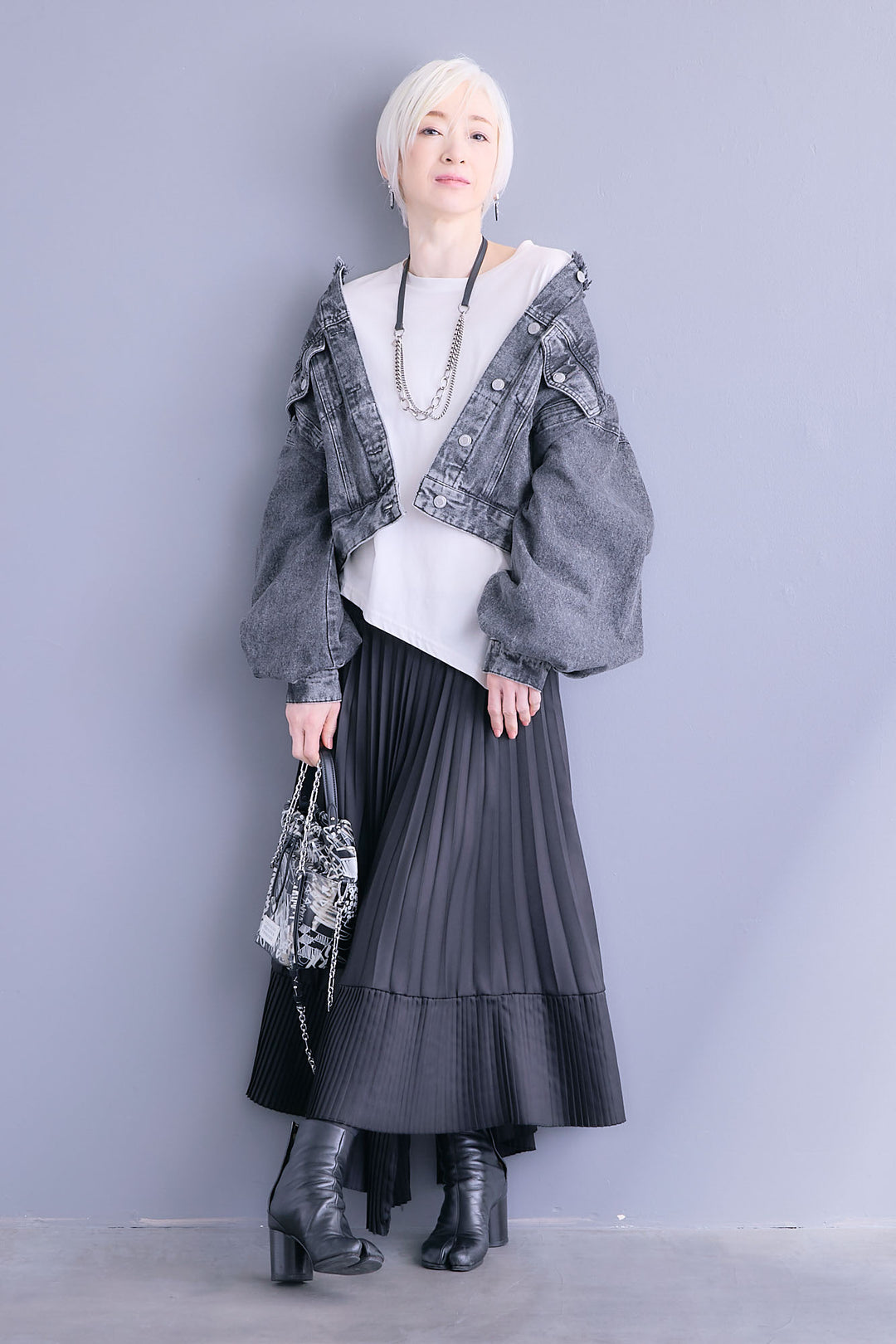 【SET】アシンメトリーロンT+ボリュームスリーブノーカラーデニムジャケット+アシンメトリープリーツスカート(3set)