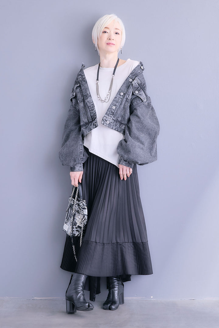 【SET】アシンメトリーロンT+ボリュームスリーブノーカラーデニムジャケット+アシンメトリープリーツスカート(3set)