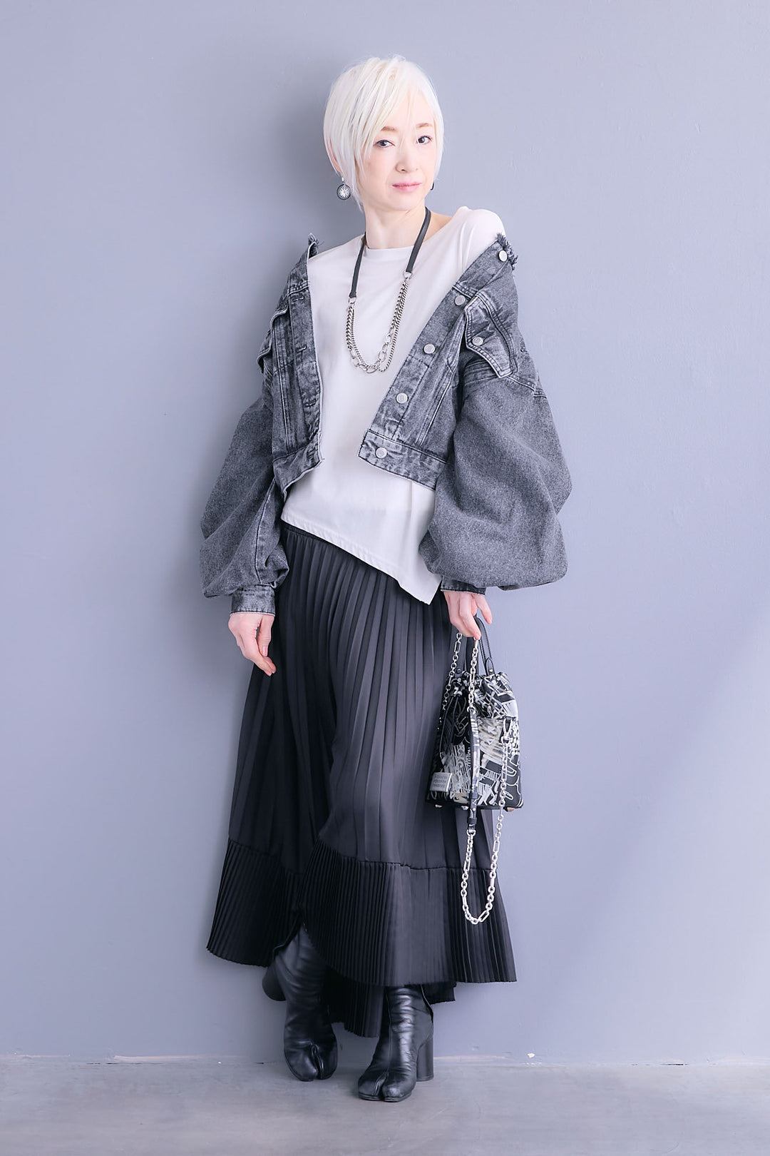 【SET】アシンメトリーロンT+ボリュームスリーブノーカラーデニムジャケット+アシンメトリープリーツスカート(3set)
