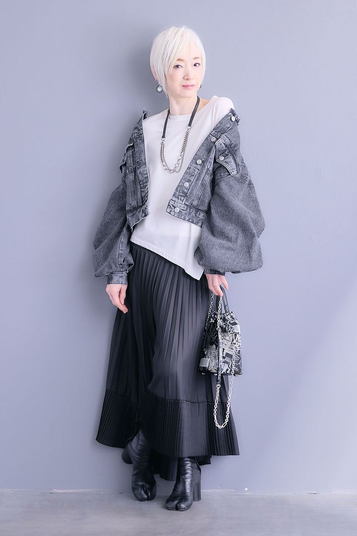 【SET】アシンメトリーロンT+ボリュームスリーブノーカラーデニムジャケット+アシンメトリープリーツスカート(3set)