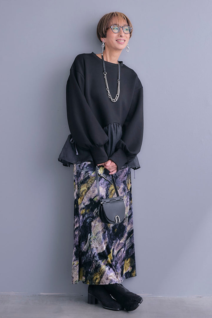 【SET】アシメペプラムオーガンジートップス+ベロアニュアンスアートスカート(2set)