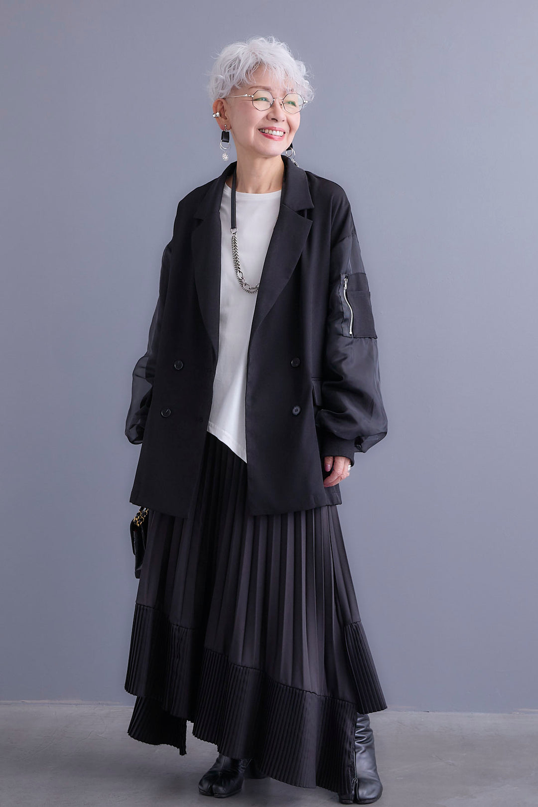 【新色追加】【SET】チュールレイヤードMA-1ジャケット+アシンメトリーロンT+アシンメトリープリーツスカート(3set)