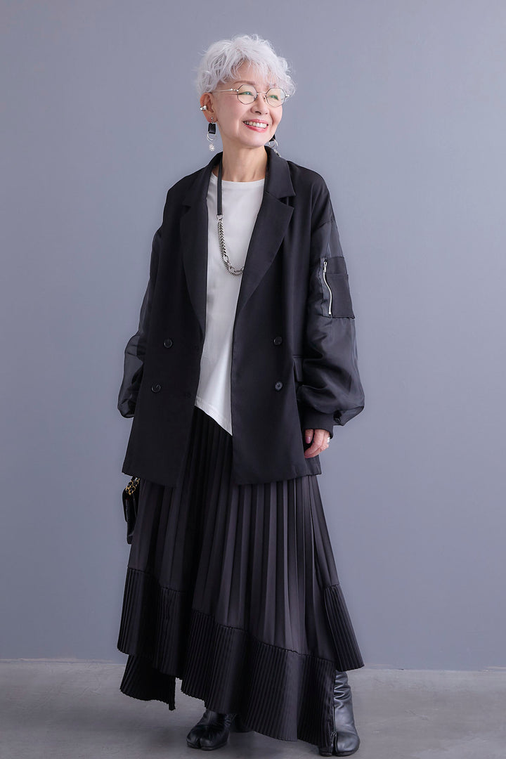 【新色追加】【SET】チュールレイヤードMA-1ジャケット+アシンメトリーロンT+アシンメトリープリーツスカート(3set)