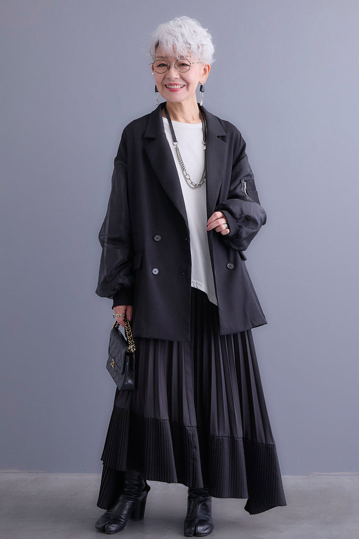 【新色追加】【SET】チュールレイヤードMA-1ジャケット+アシンメトリーロンT+アシンメトリープリーツスカート(3set)