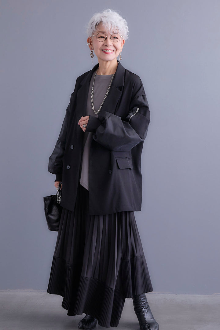 【新色追加】【SET】チュールレイヤードMA-1ジャケット+アシンメトリーロンT+アシンメトリープリーツスカート(3set)