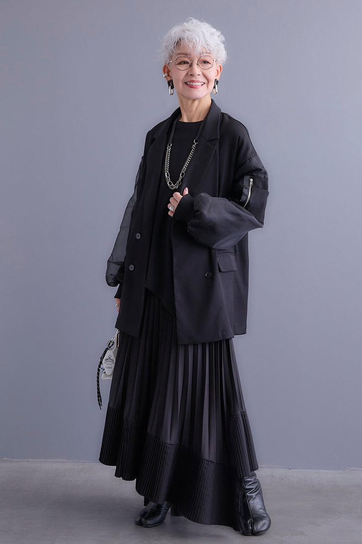 【新色追加】【SET】チュールレイヤードMA-1ジャケット+アシンメトリーロンT+アシンメトリープリーツスカート(3set)