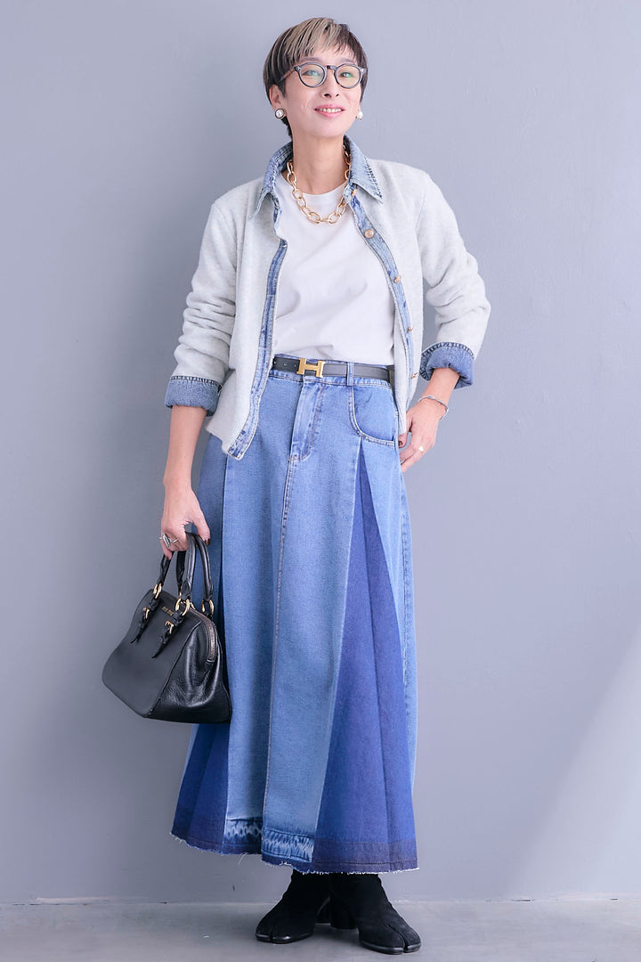 【SET】デニムコンビニットカーディガン+プリーツタックデニムスカート(2set)